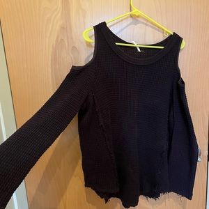 Free People Cold Shoulder Distressed Waffle Sweater